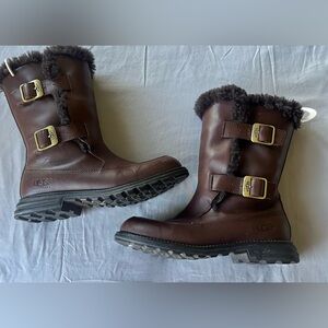 UGG Women Brown Leather Moto Boots 7 Mid Calf Motorcycle Sheepskin Fur Lined